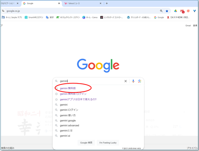 Googleの検索画面です
ここにキーワードを入れて検索します