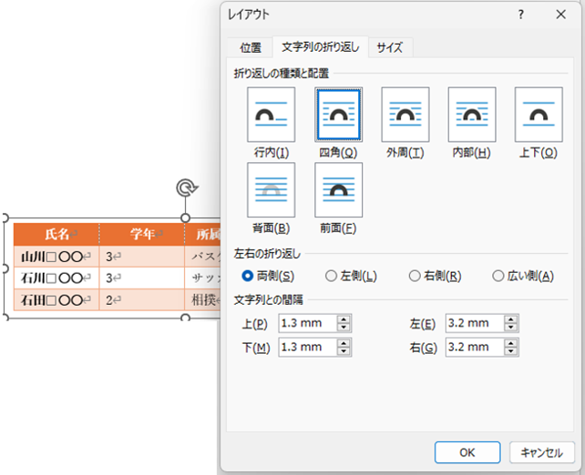 テキストボックスを貼り付ける時の折り返しの種類と配置